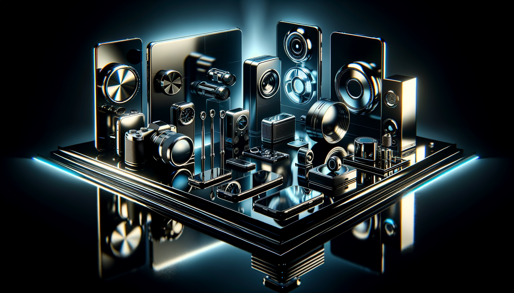 sleek luxury tech gadgets on glossy surface with cool blue and white lighting