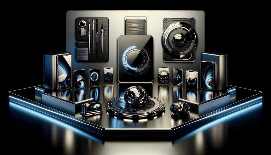 futuristic luxury gadgets on glossy black surface with cool blue and silver lighting