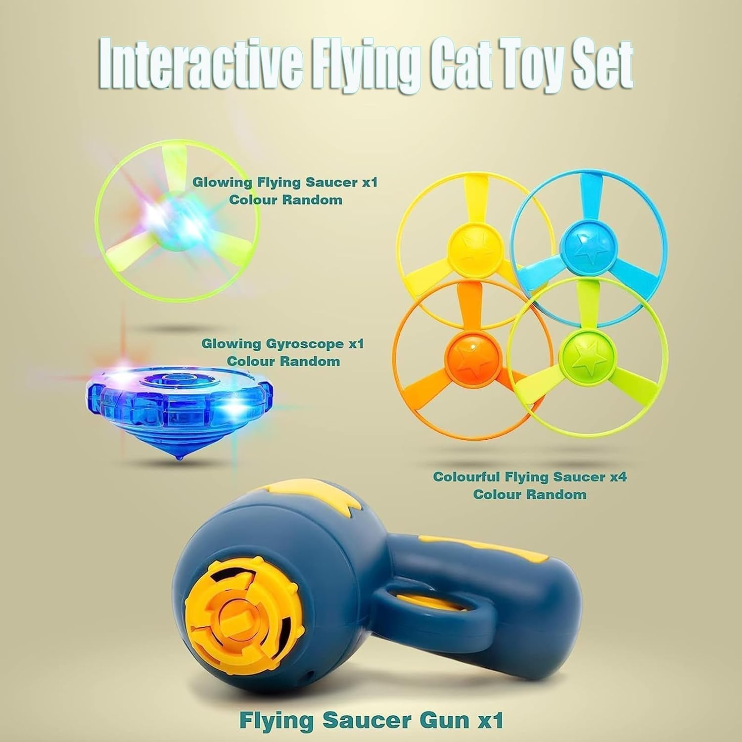 Flying Cat Toys, Interactive Cat Fetch Toy with 1 Light up Spinning Tops, and 5 Flying Propellers, Flying Dis Toy for Hunting Chasing Indoor/Outdoor