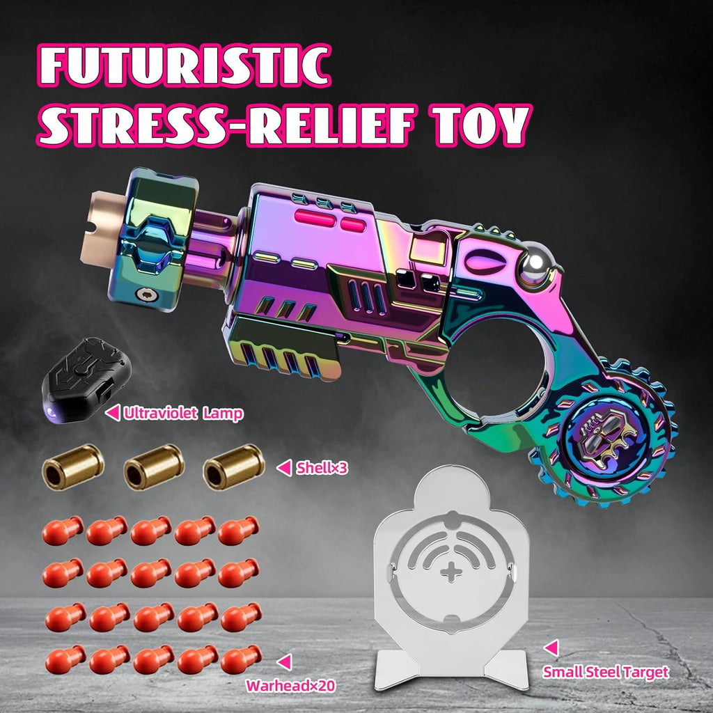 Metal Fidget Gun for Adults - Alloy EDC Fidget Spinner Gun with Reusable Shells3 & Bullets20, Slider Clicker & Stress Relief Toy for Focus, Cool Novelty Fidget Toys Gun for Men (Chameleon)