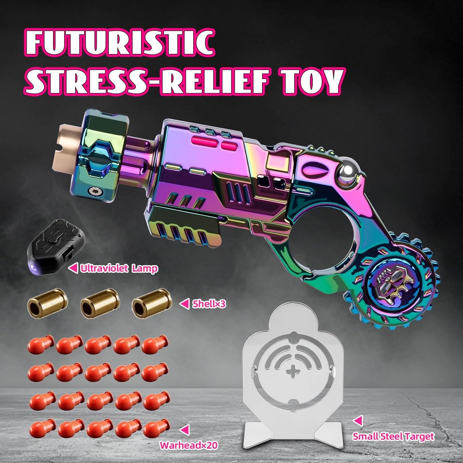 Metal Fidget Gun for Adults - Alloy EDC Fidget Spinner Gun with Reusable Shells3 & Bullets20, Slider Clicker & Stress Relief Toy for Focus, Cool Novelty Fidget Toys Gun for Men (Chameleon)