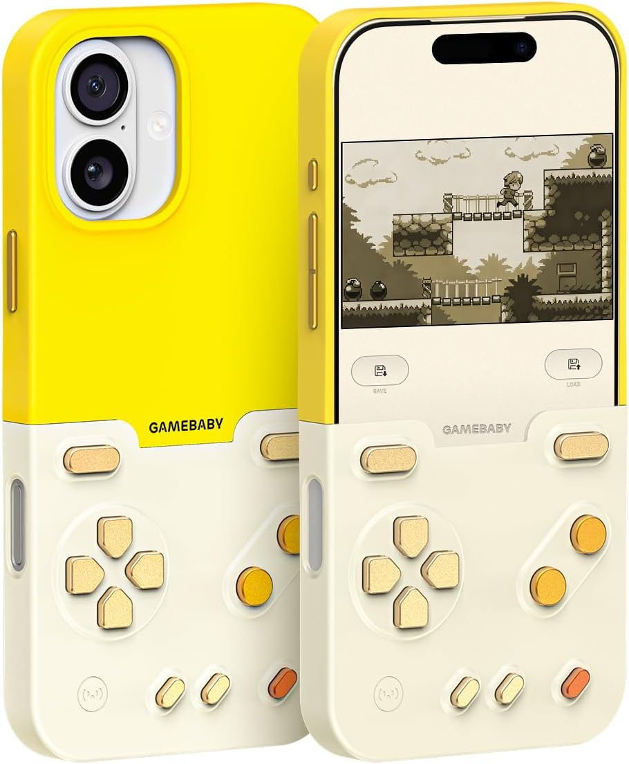 Gamebaby for Iphone 16 Pro Max Case, Handheld Retro Gaming Console Style Phone Case with Physical Buttons for Game Boy Color Advance, Smartphone Cover Controller Supports Delta Emulator GB GBC GBA NES