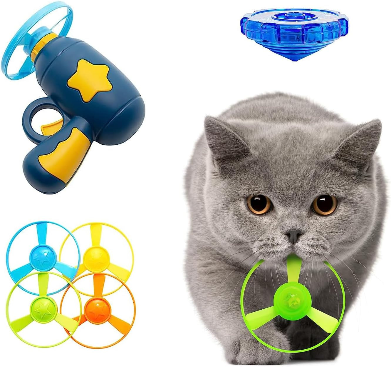 Flying Cat Toys, Interactive Cat Fetch Toy with 1 Light up Spinning Tops, and 5 Flying Propellers, Flying Dis Toy for Hunting Chasing Indoor/Outdoor